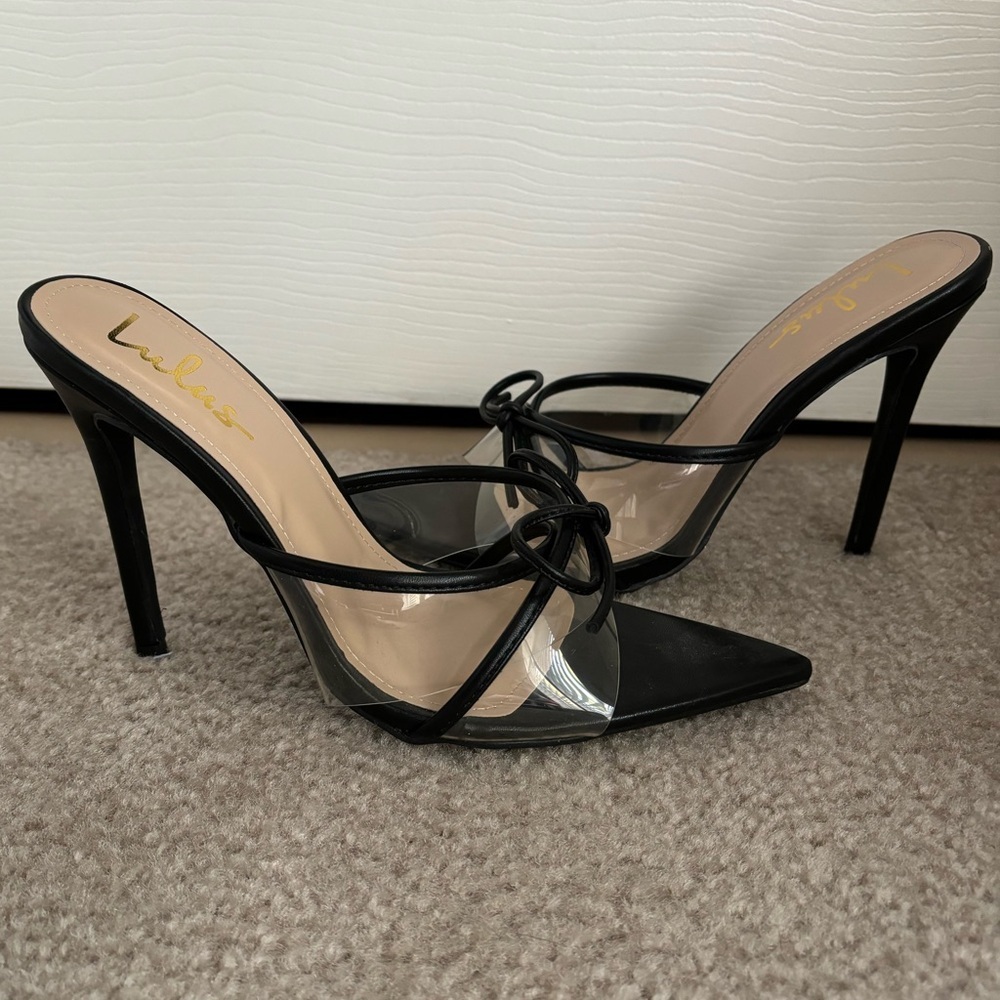 NWOT Lulus Haxy Black Vinyl Pointed-Toe Bow High Heel Sandals - Picture 7 of 14